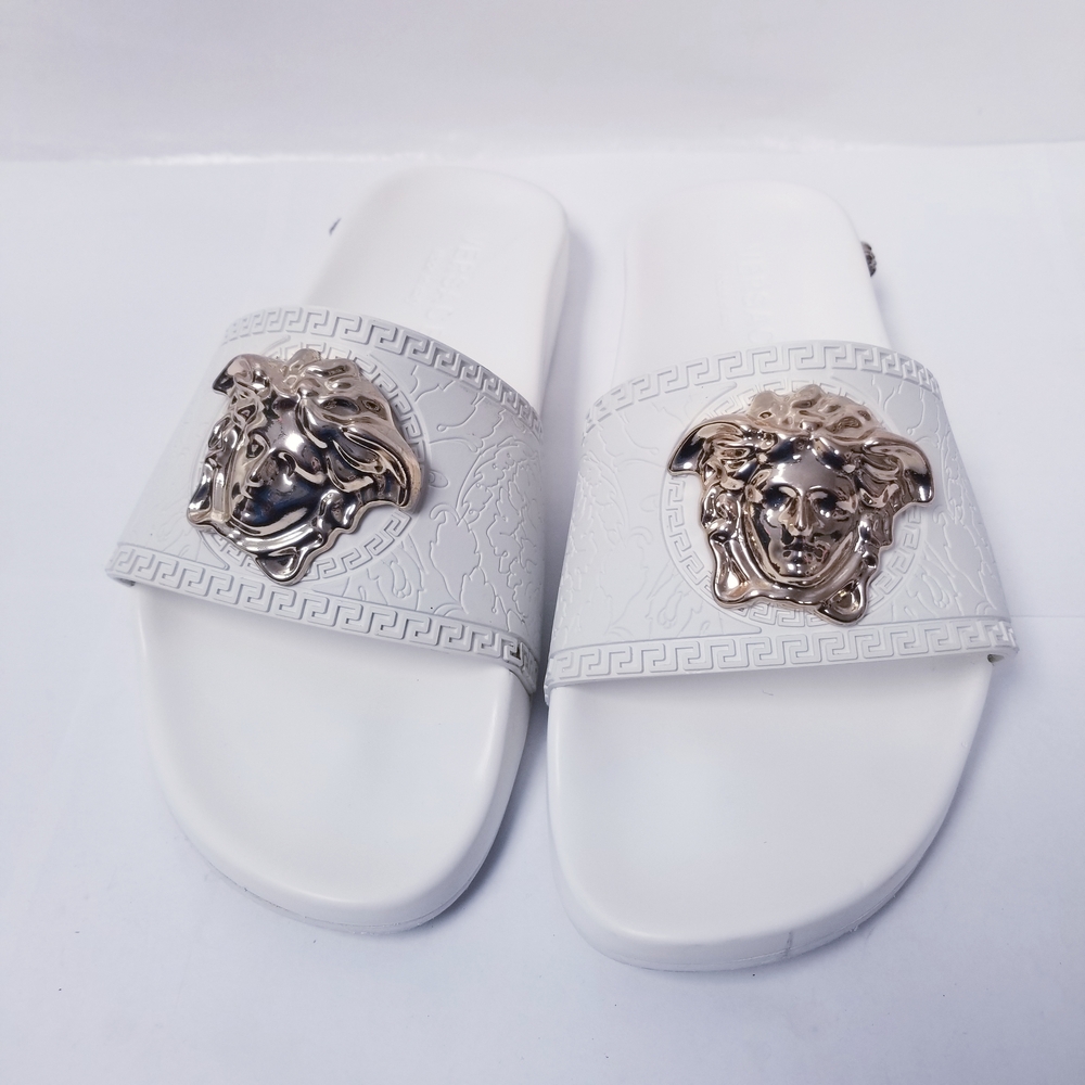 Versace White Sandals with Gold Medusa Accent